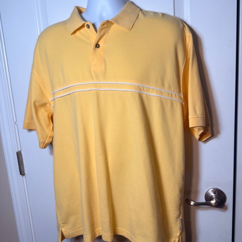 IZOD XFG Mens Large Yellow Short Sleeve Pique Polo Shirt X-TRA DRY Striped Chest